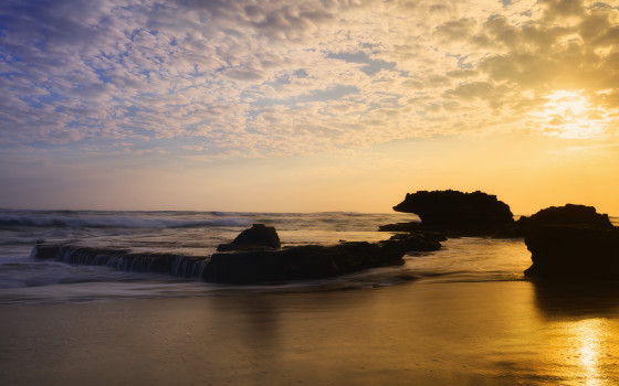 "Morning at Brown Bear Rock": Serene early morning on the ocean captured in stunning Acrylic Print wall art.
