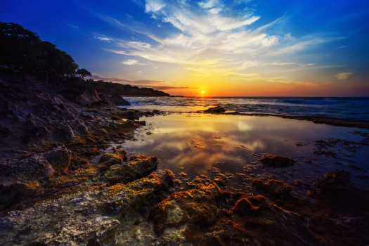 "Rocky Shore Sunrise": Beautiful ocean sunrise with green & red moss on rocky shore - stunning Acrylic Print wall art by Aleks Khan.