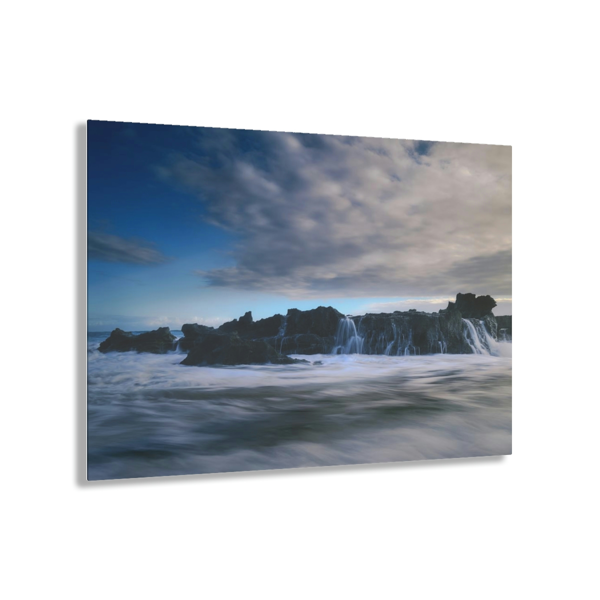 Seascape Symphony: An Acrylic Print Celebrating the Mystical Meeting of Dawn, Ocean Waves, and Rocks