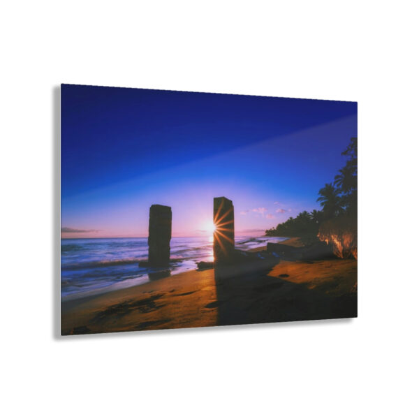 Rising into the Mystical: Tropical Beach Sunrise Illuminates the Ocean Surface and the Mysterious Pillars That Rise from Below, in this Acrylic Print