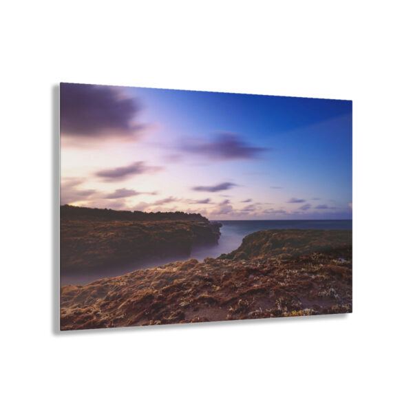 Coastal Charm: Sea Moss on Rocks and a Tranquil Matte Ocean Surface are Captured in this Breathtaking Acrylic Print