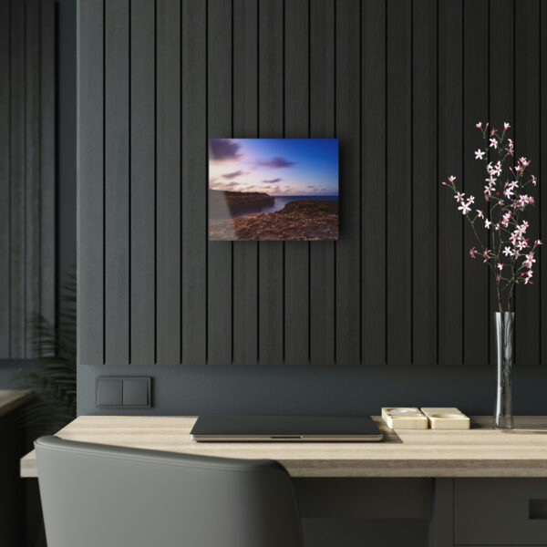 Coastal Charm: Sea Moss on Rocks and a Tranquil Matte Ocean Surface are Captured in this Breathtaking Acrylic Print