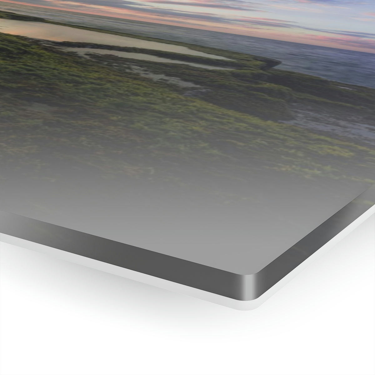 Mystical Ocean: A Captivating Acrylic Print of Moss on Rocks and a Sunset Shrouded in Sea Fog