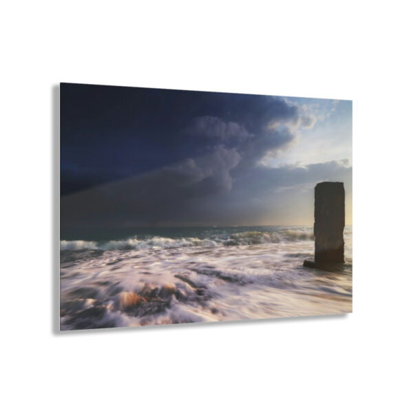 "Oceanic Dawn": Acrylic prints wall art for office or home, featuring sunrise, thunder clouds, and mysterious ocean pillar.