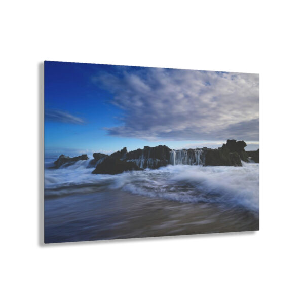 Echoes of the Ocean: Mesmerizing Acrylic Print of the Lively Dance Between Waves and Rocks at Dawn