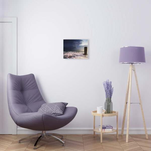 "Oceanic Dawn": Acrylic prints wall art for office or home, featuring sunrise, thunder clouds, and mysterious ocean pillar.