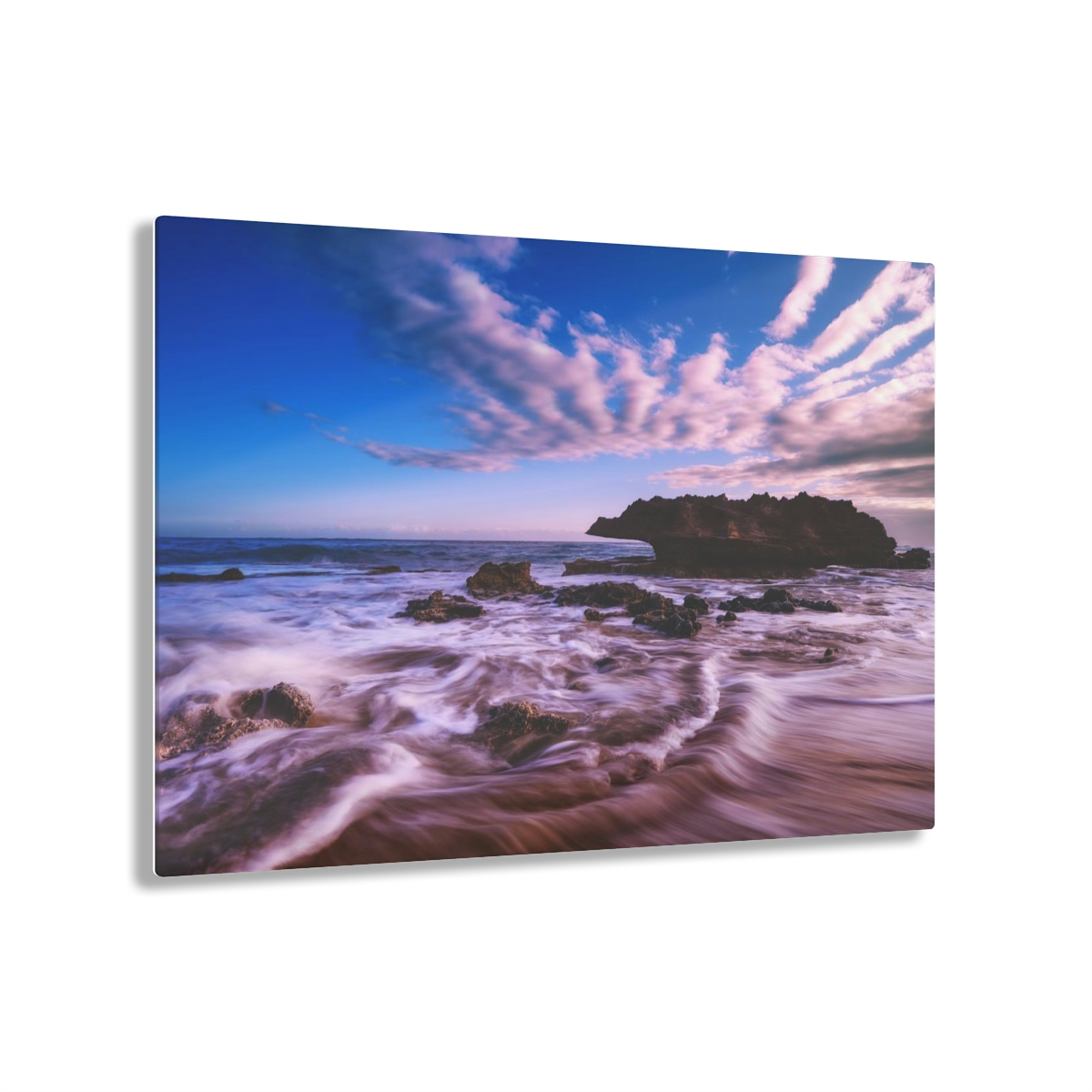 78311-10.jpg Ocean’s Embrace: Nature Painting of a Coastal Rock at Dawn with a Warm and Cold Palette in Acrylic Print