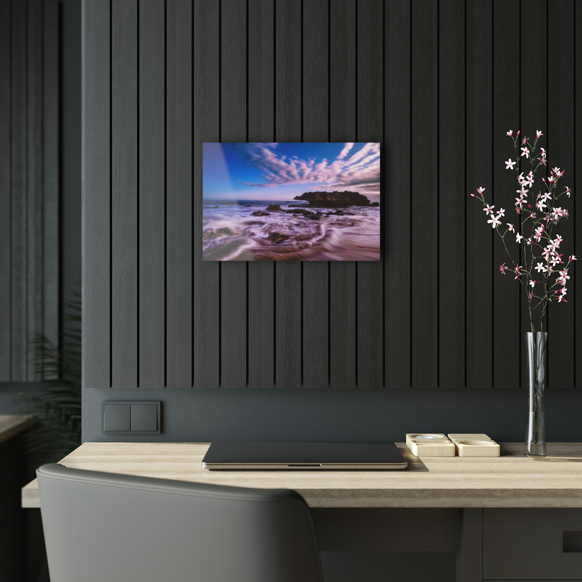 78311-13.jpg Ocean’s Embrace: Nature Painting of a Coastal Rock at Dawn with a Warm and Cold Palette in Acrylic Print