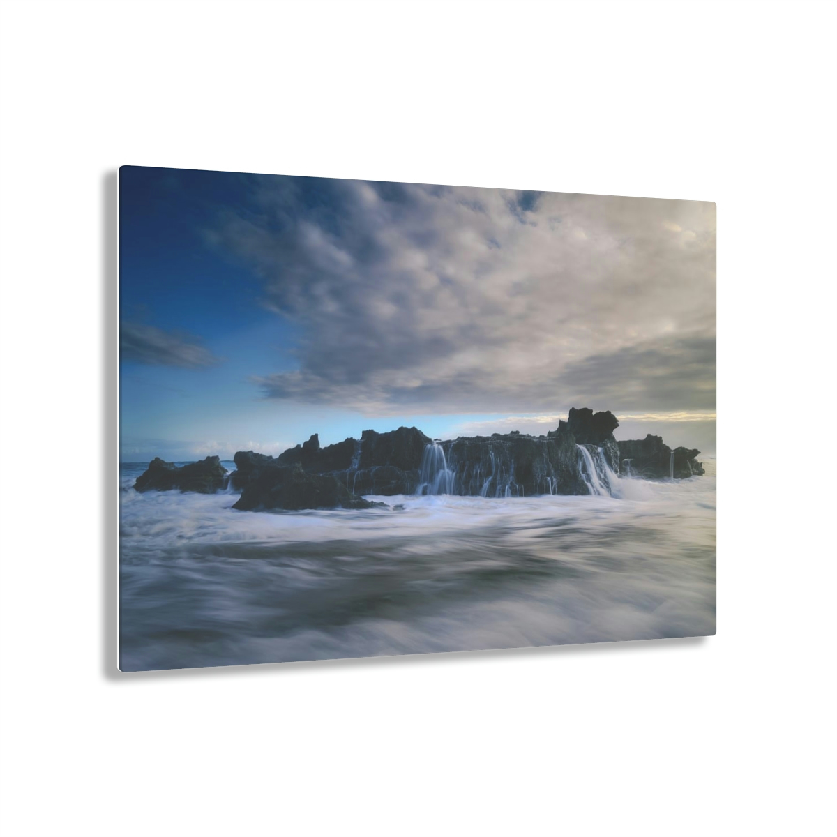 Seascape Symphony: An Acrylic Print Celebrating the Mystical Meeting of Dawn, Ocean Waves, and Rocks