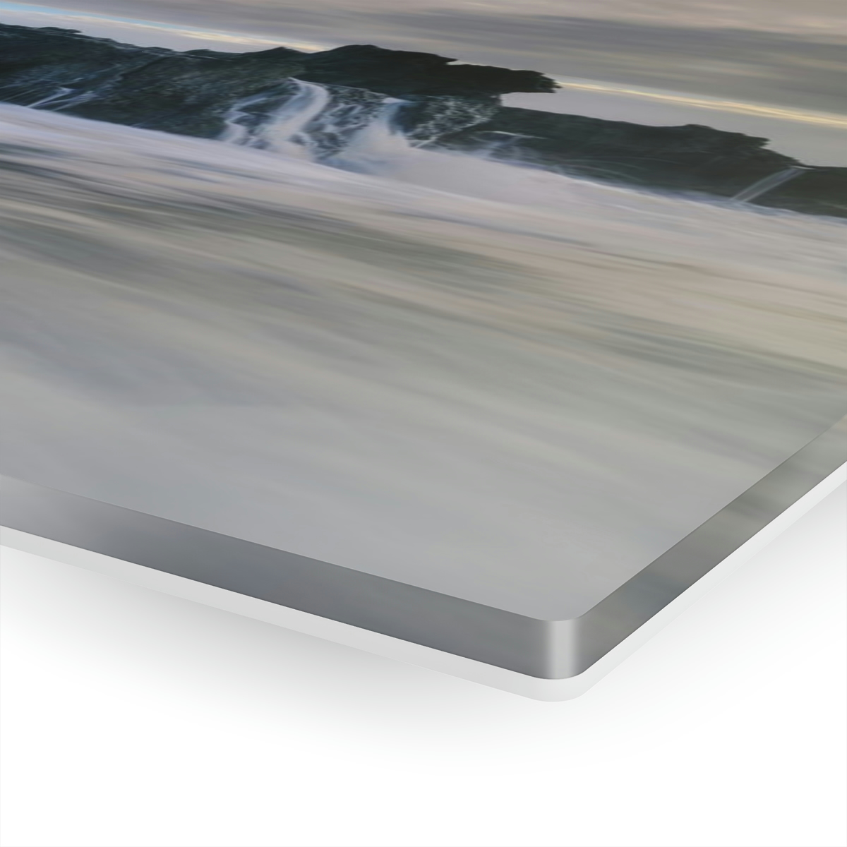 Seascape Symphony: An Acrylic Print Celebrating the Mystical Meeting of Dawn, Ocean Waves, and Rocks