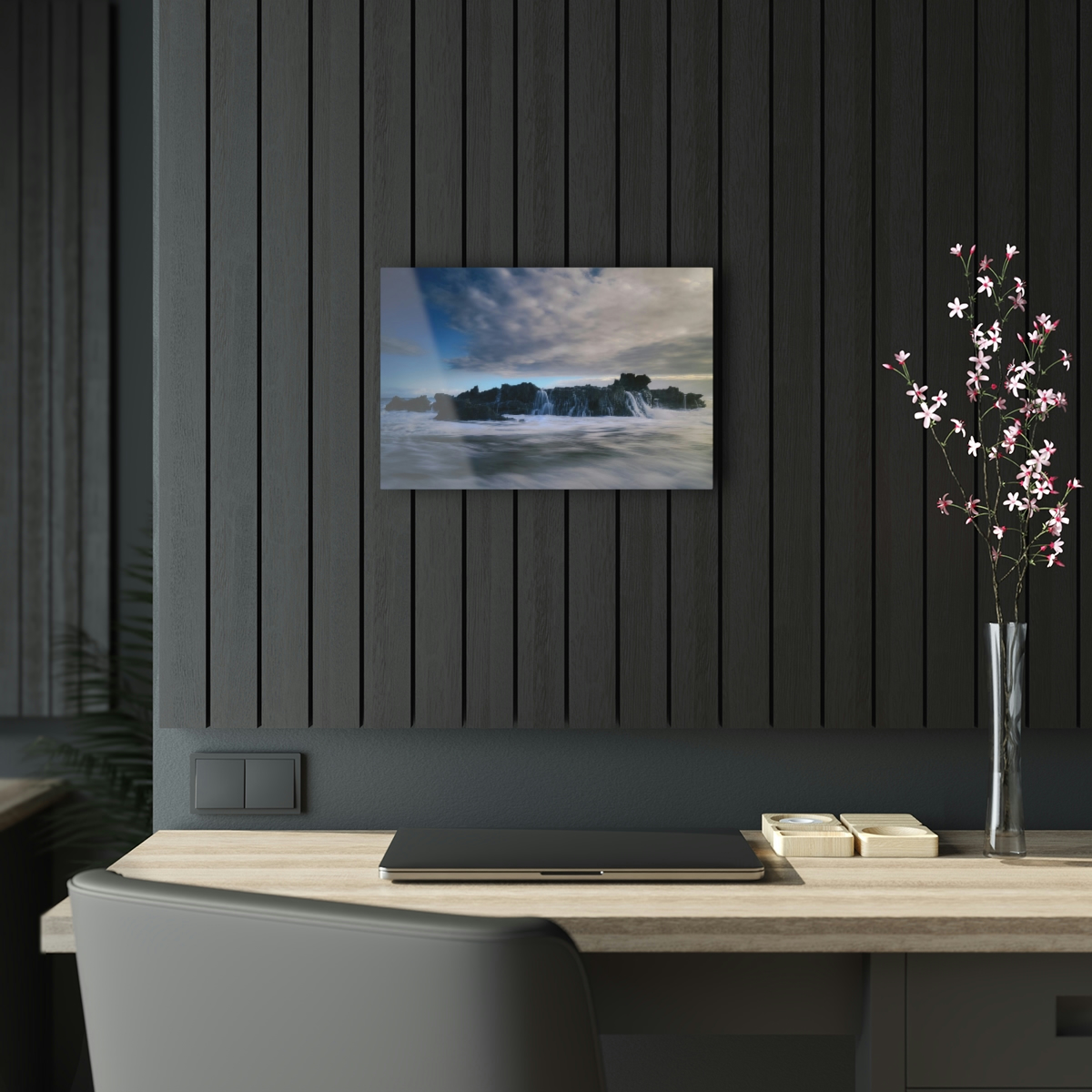 Seascape Symphony: An Acrylic Print Celebrating the Mystical Meeting of Dawn, Ocean Waves, and Rocks