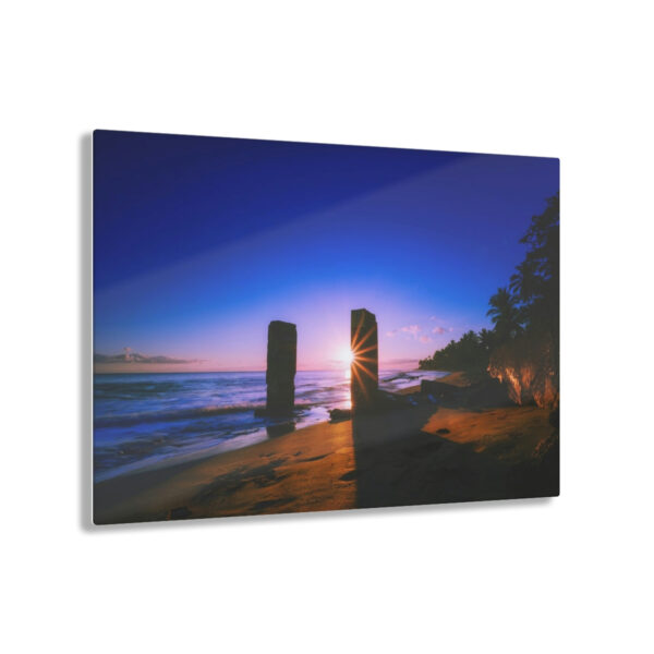 Rising into the Mystical: Tropical Beach Sunrise Illuminates the Ocean Surface and the Mysterious Pillars That Rise from Below, in this Acrylic Print