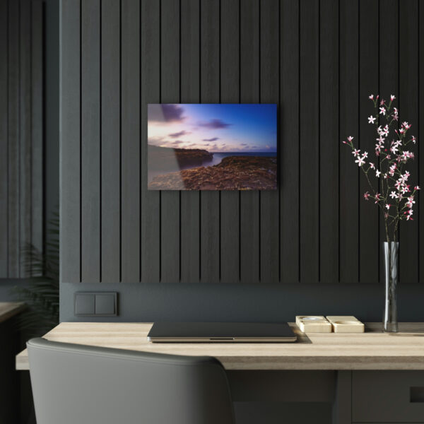 Coastal Charm: Sea Moss on Rocks and a Tranquil Matte Ocean Surface are Captured in this Breathtaking Acrylic Print