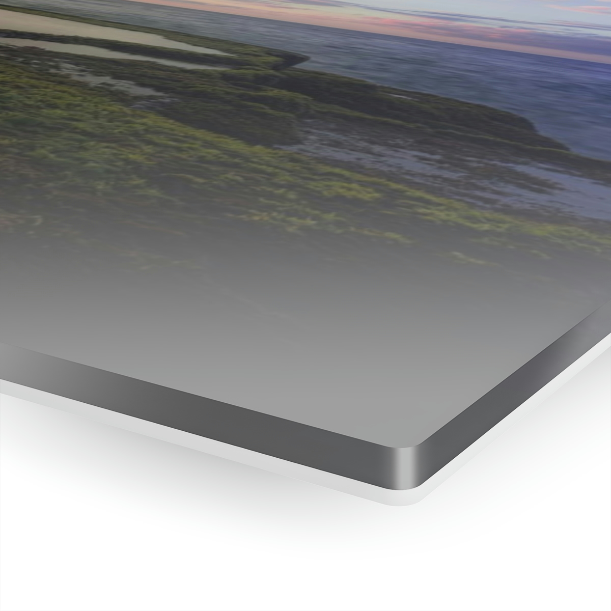 Mystical Ocean: A Captivating Acrylic Print of Moss on Rocks and a Sunset Shrouded in Sea Fog