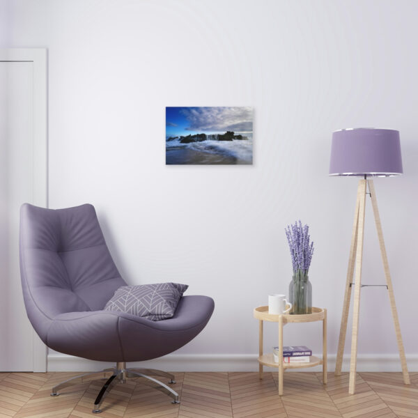 Echoes of the Ocean: Mesmerizing Acrylic Print of the Lively Dance Between Waves and Rocks at Dawn