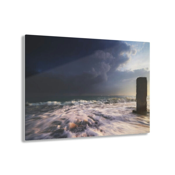 "Oceanic Dawn": Acrylic prints wall art for office or home, featuring sunrise, thunder clouds, and mysterious ocean pillar.