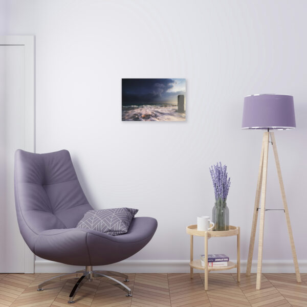 "Oceanic Dawn": Acrylic prints wall art for office or home, featuring sunrise, thunder clouds, and mysterious ocean pillar.