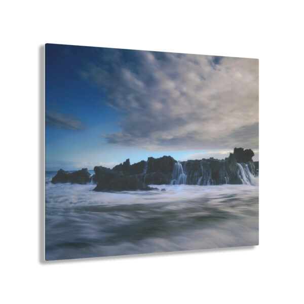 Seascape Symphony: An Acrylic Print Celebrating the Mystical Meeting of Dawn, Ocean Waves, and Rocks