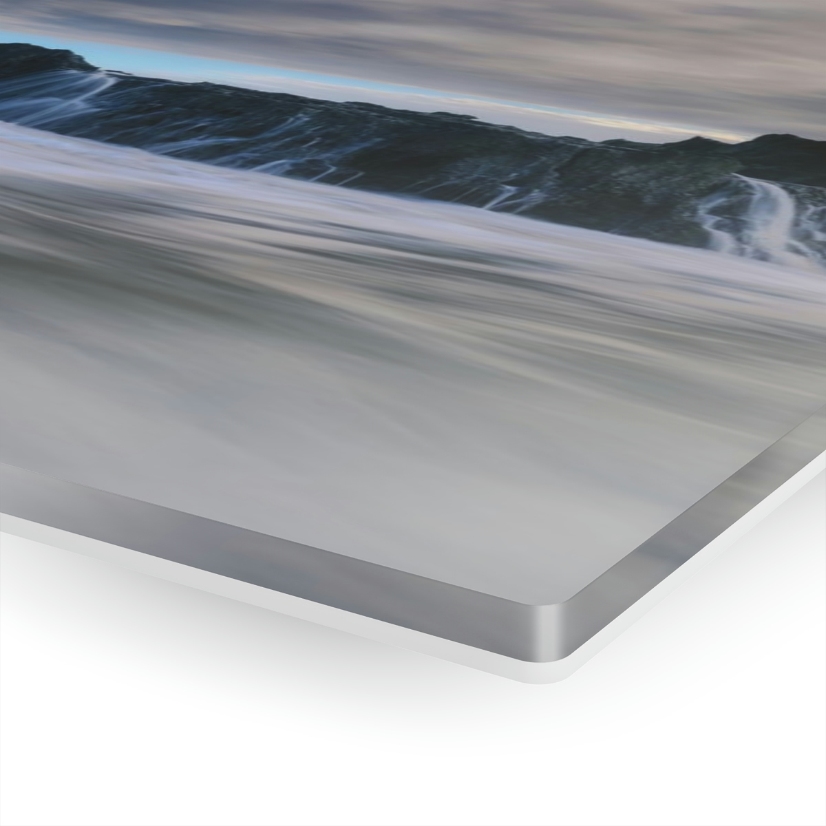 Seascape Symphony: An Acrylic Print Celebrating the Mystical Meeting of Dawn, Ocean Waves, and Rocks