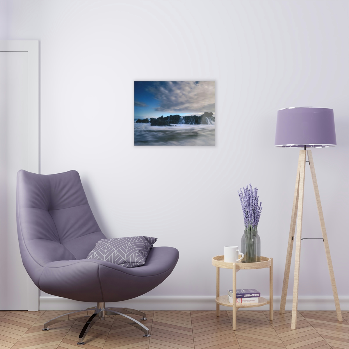 Seascape Symphony: An Acrylic Print Celebrating the Mystical Meeting of Dawn, Ocean Waves, and Rocks