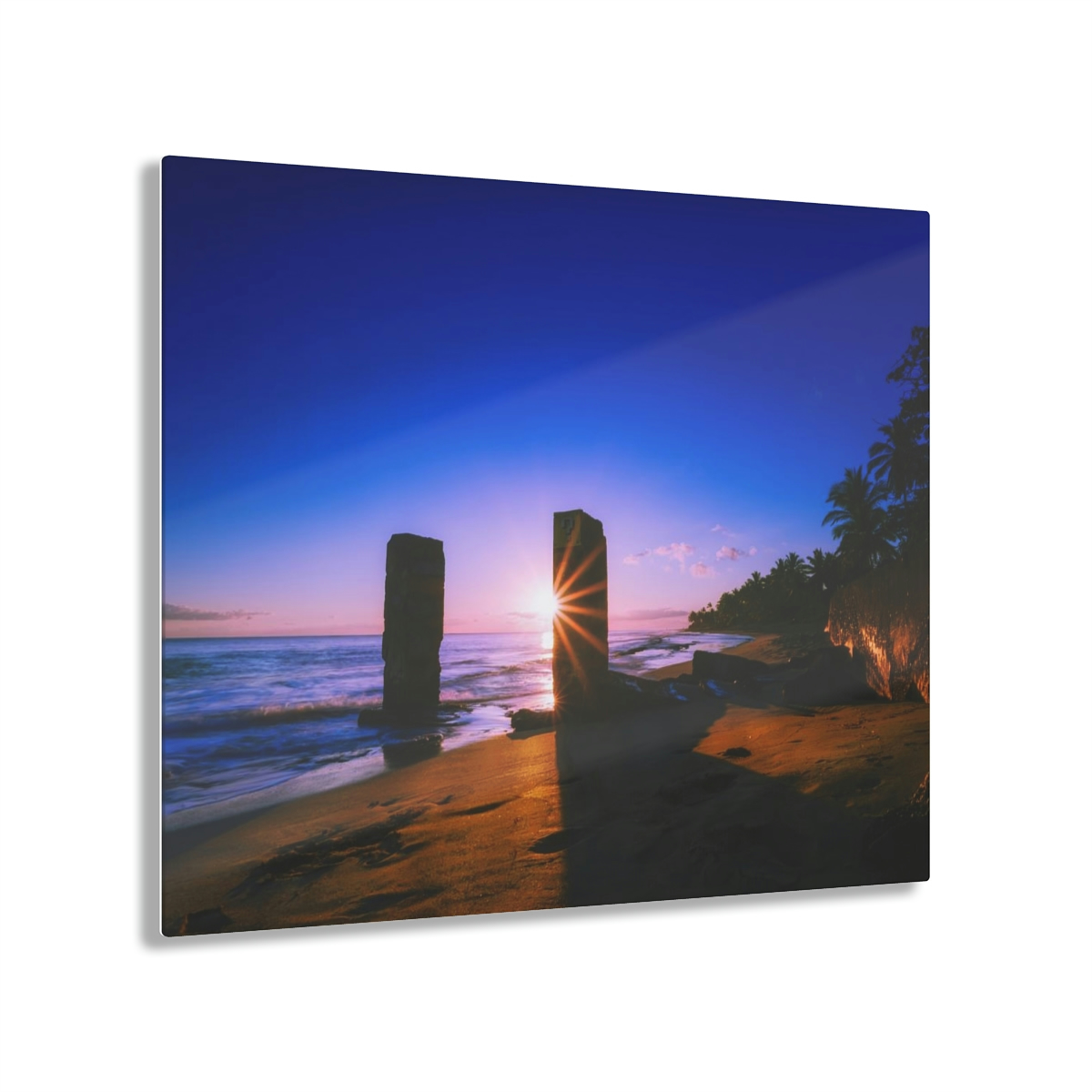 Rising into the Mystical: Tropical Beach Sunrise Illuminates the Ocean Surface and the Mysterious Pillars That Rise from Below, in this Acrylic Print