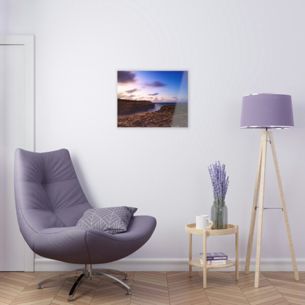 Coastal Charm: Sea Moss on Rocks and a Tranquil Matte Ocean Surface are Captured in this Breathtaking Acrylic Print