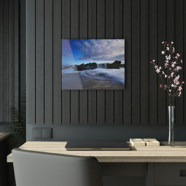 Echoes of the Ocean: Mesmerizing Acrylic Print of the Lively Dance Between Waves and Rocks at Dawn