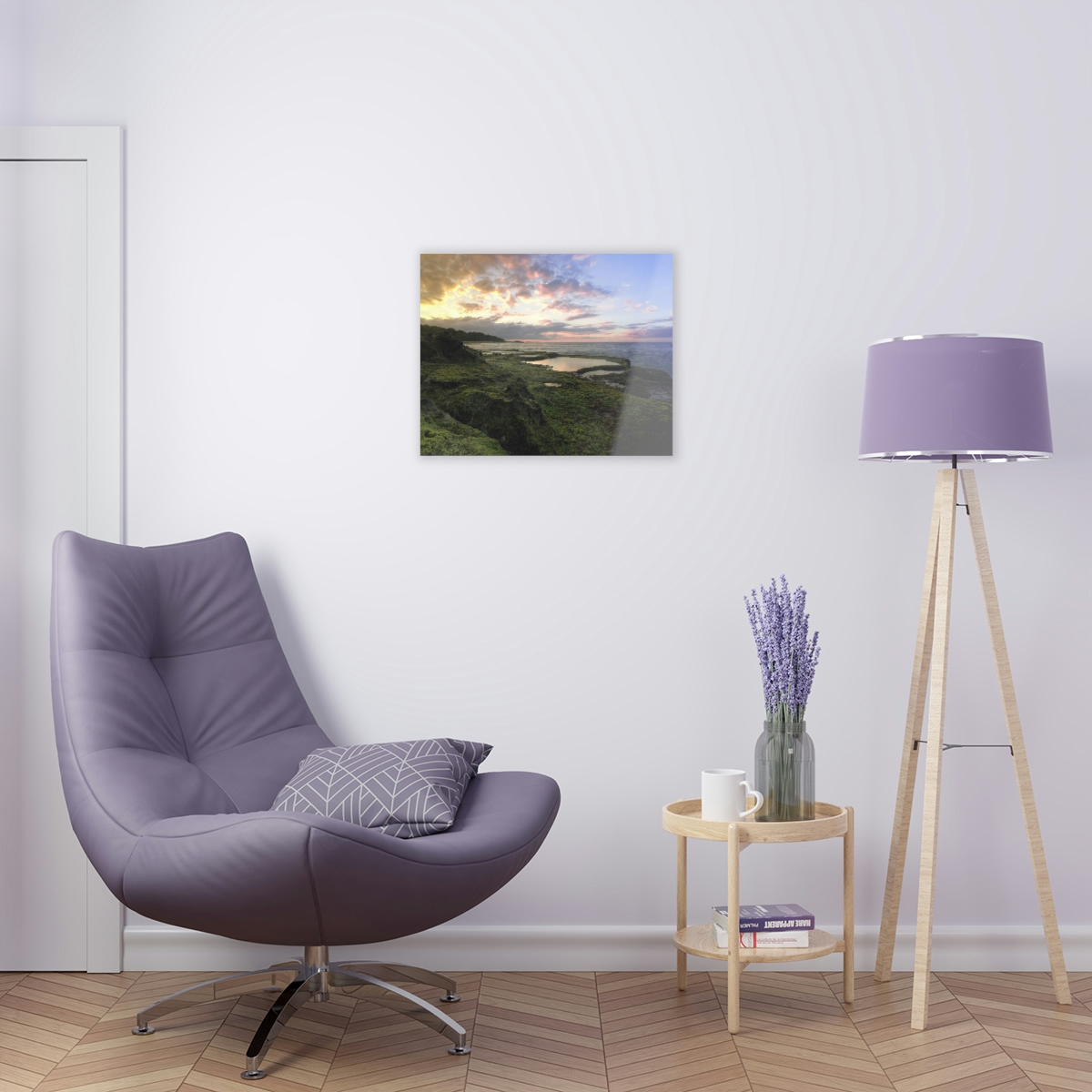 Mystical Ocean: A Captivating Acrylic Print of Moss on Rocks and a Sunset Shrouded in Sea Fog