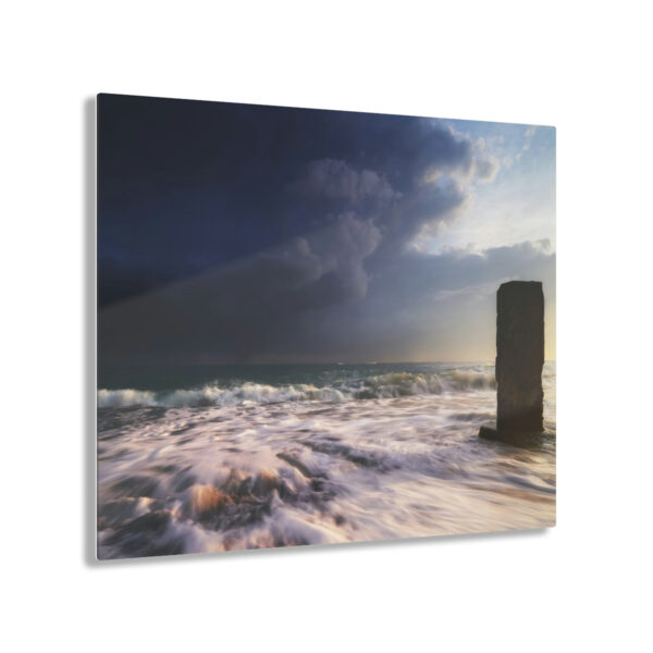 "Oceanic Dawn": Acrylic prints wall art for office or home, featuring sunrise, thunder clouds, and mysterious ocean pillar.