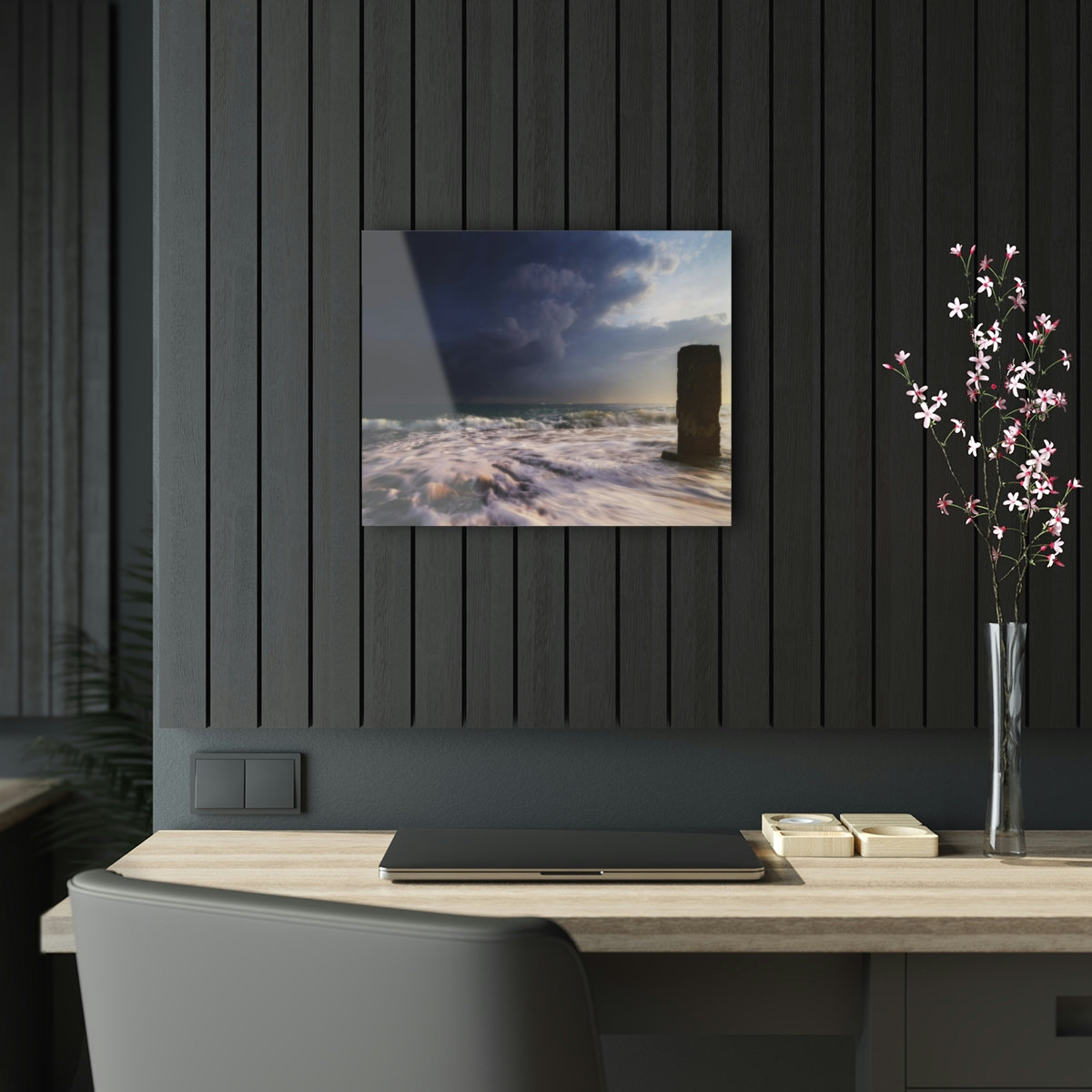 78312-63.jpg "Oceanic Dawn": Acrylic prints wall art for office or home, featuring sunrise, thunder clouds, and mysterious ocean pillar.