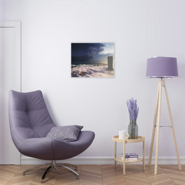 "Oceanic Dawn": Acrylic prints wall art for office or home, featuring sunrise, thunder clouds, and mysterious ocean pillar.