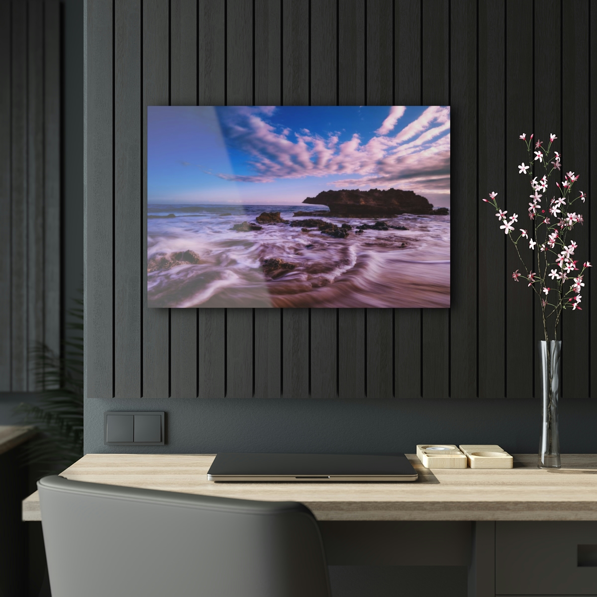 78313-13.jpg Ocean’s Embrace: Nature Painting of a Coastal Rock at Dawn with a Warm and Cold Palette in Acrylic Print