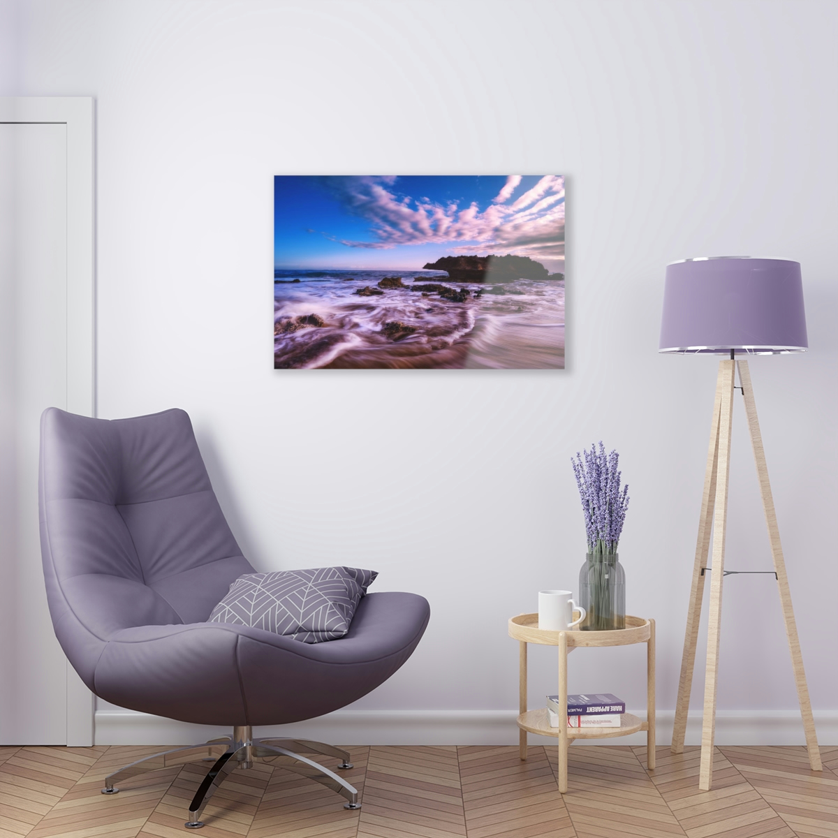 78313-14.jpg Ocean’s Embrace: Nature Painting of a Coastal Rock at Dawn with a Warm and Cold Palette in Acrylic Print