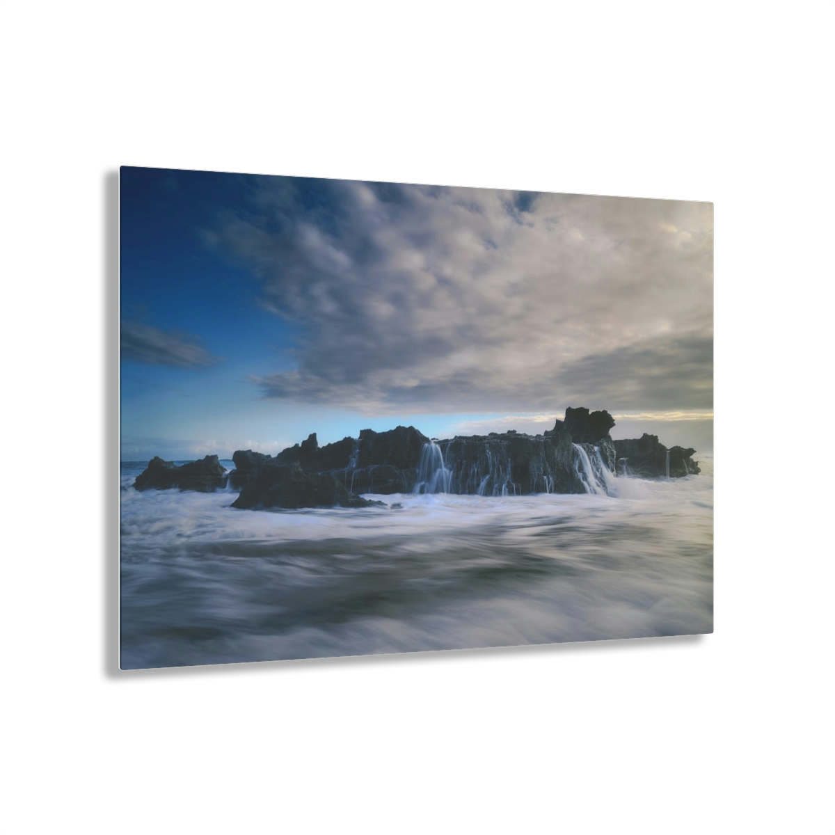 Seascape Symphony: An Acrylic Print Celebrating the Mystical Meeting of Dawn, Ocean Waves, and Rocks