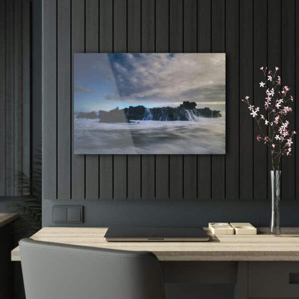 Seascape Symphony: An Acrylic Print Celebrating the Mystical Meeting of Dawn, Ocean Waves, and Rocks