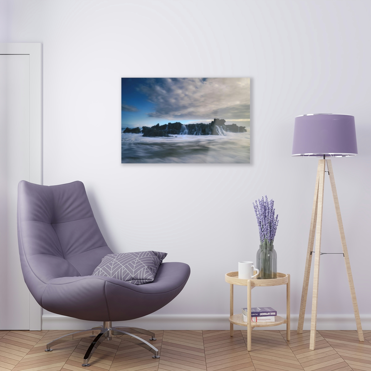 Seascape Symphony: An Acrylic Print Celebrating the Mystical Meeting of Dawn, Ocean Waves, and Rocks