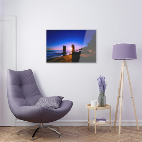 Rising into the Mystical: Tropical Beach Sunrise Illuminates the Ocean Surface and the Mysterious Pillars That Rise from Below, in this Acrylic Print