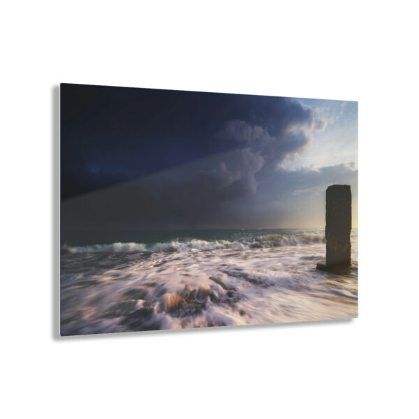 "Oceanic Dawn": Acrylic prints wall art for office or home, featuring sunrise, thunder clouds, and mysterious ocean pillar.