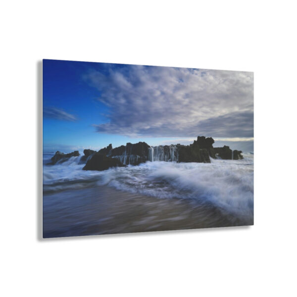 Echoes of the Ocean: Mesmerizing Acrylic Print of the Lively Dance Between Waves and Rocks at Dawn