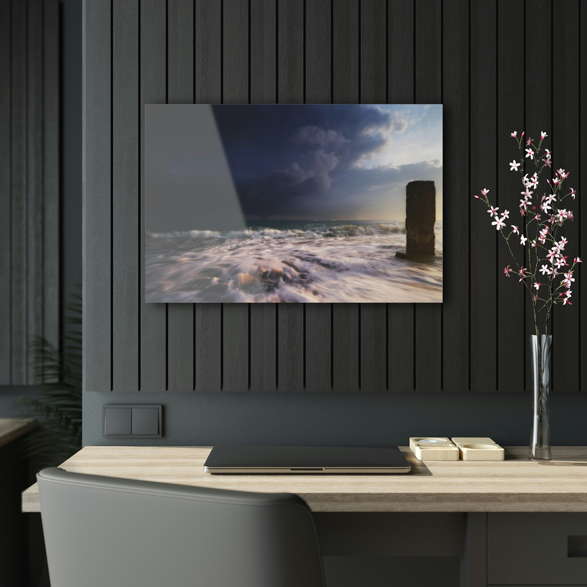 78313-63.jpg "Oceanic Dawn": Acrylic prints wall art for office or home, featuring sunrise, thunder clouds, and mysterious ocean pillar.