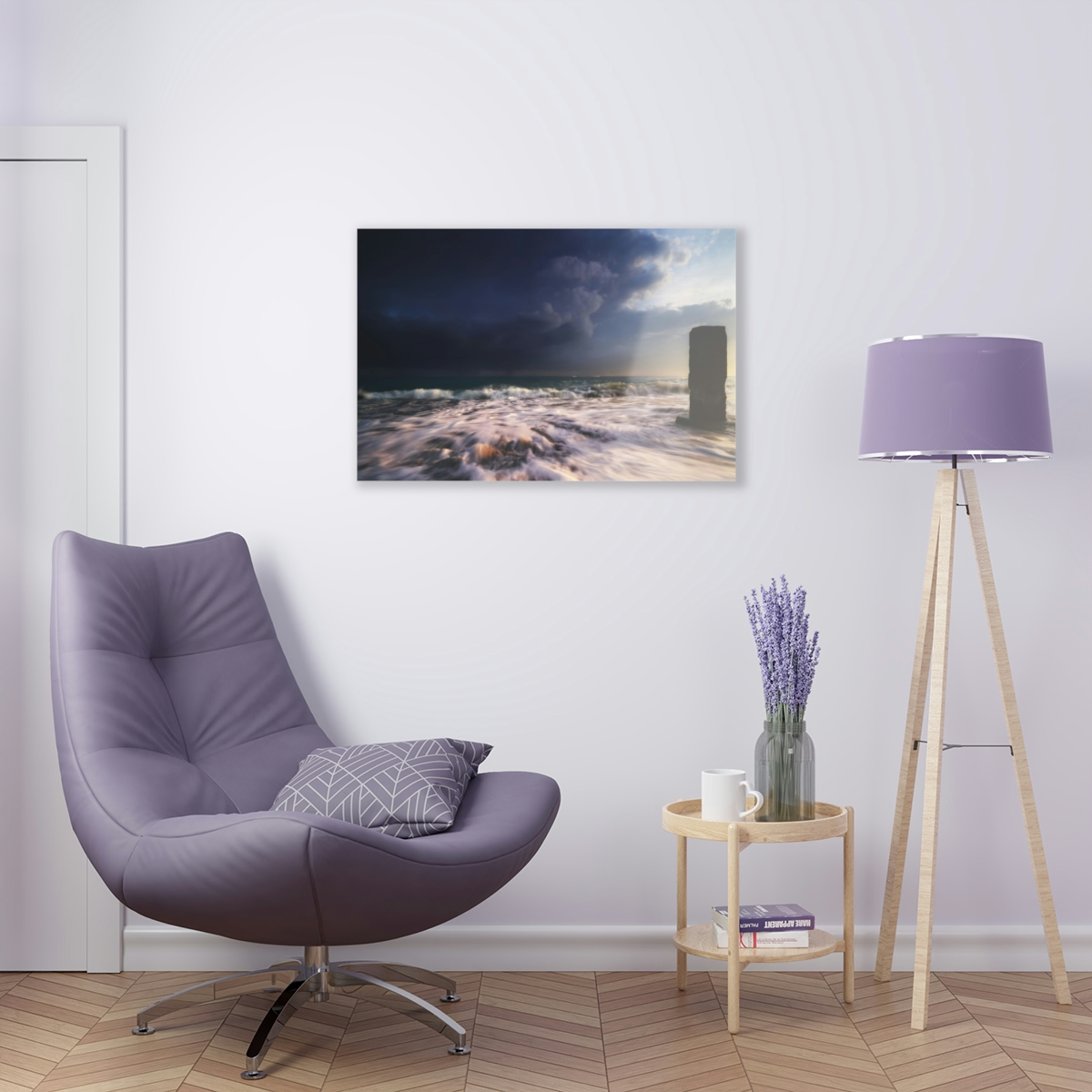 78313-64.jpg "Oceanic Dawn": Acrylic prints wall art for office or home, featuring sunrise, thunder clouds, and mysterious ocean pillar.