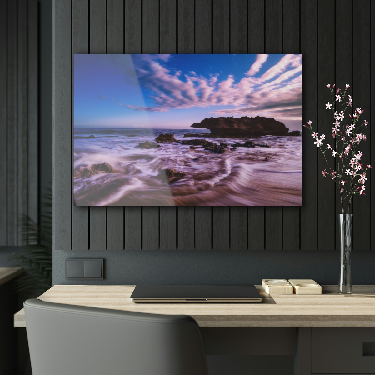 78315-13.jpg Ocean’s Embrace: Nature Painting of a Coastal Rock at Dawn with a Warm and Cold Palette in Acrylic Print