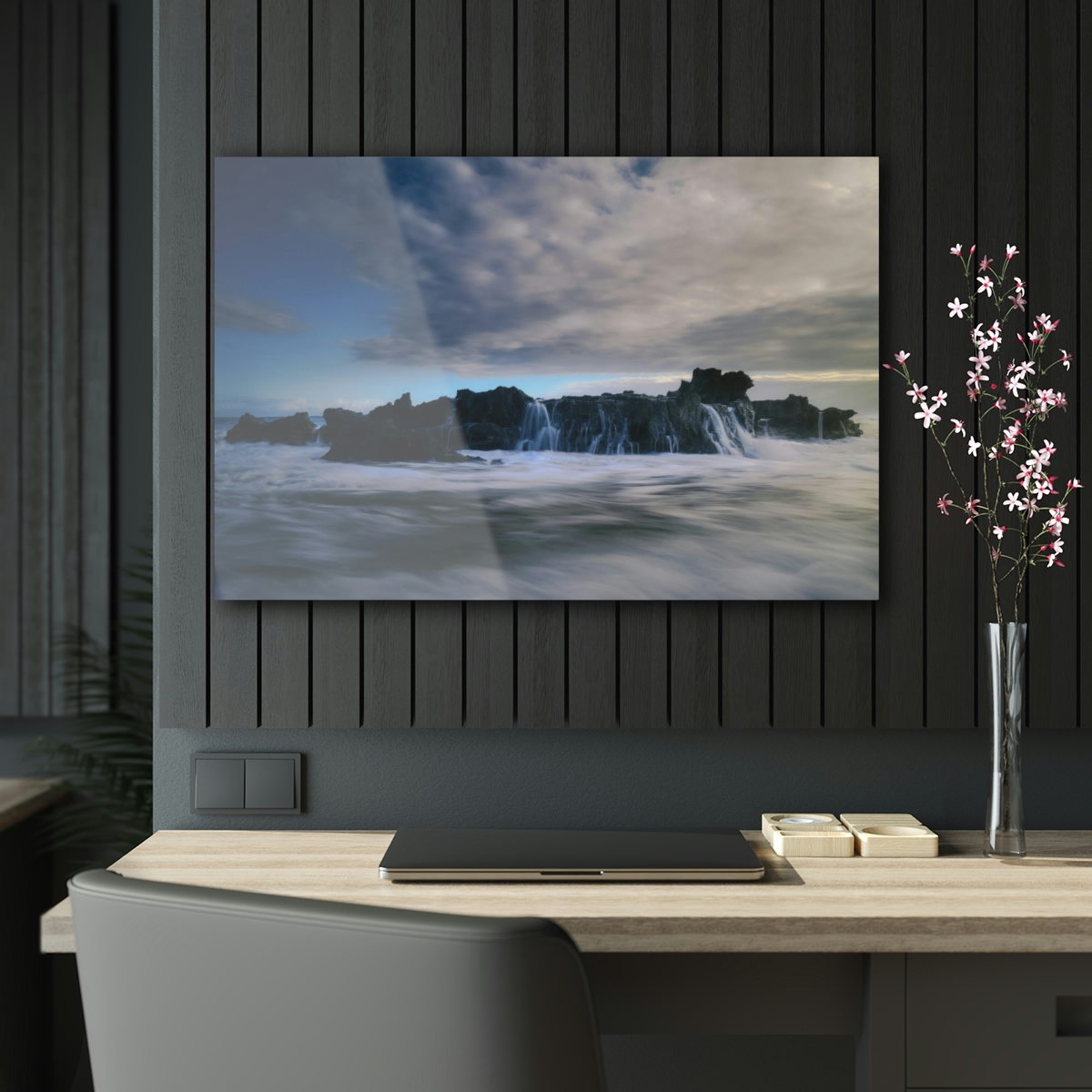 Seascape Symphony: An Acrylic Print Celebrating the Mystical Meeting of Dawn, Ocean Waves, and Rocks