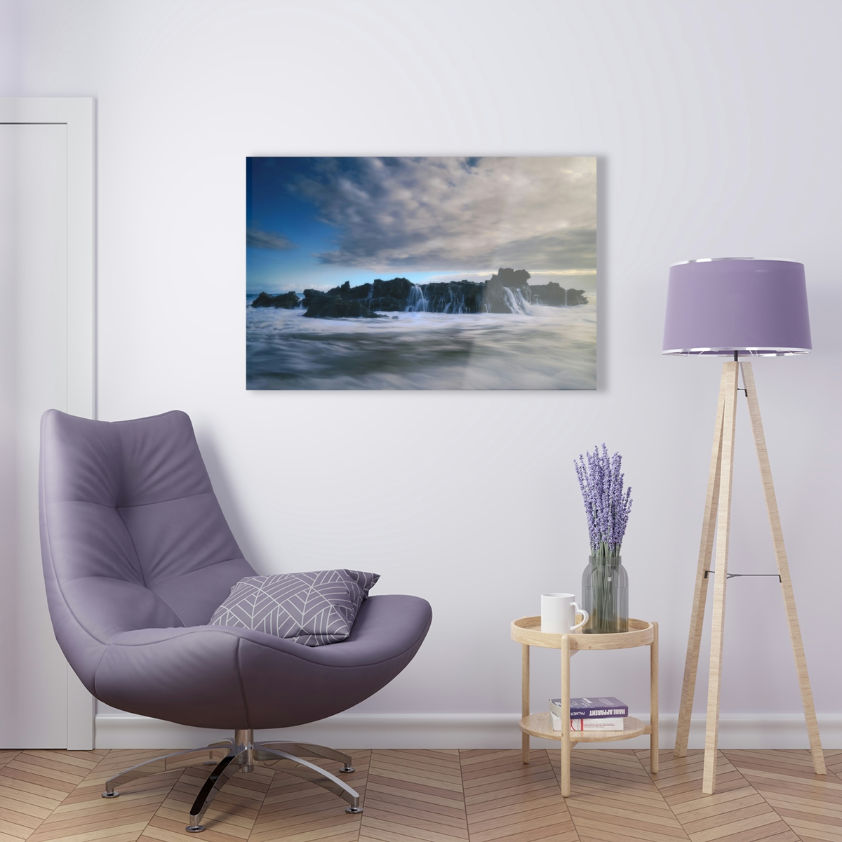 Seascape Symphony: An Acrylic Print Celebrating the Mystical Meeting of Dawn, Ocean Waves, and Rocks