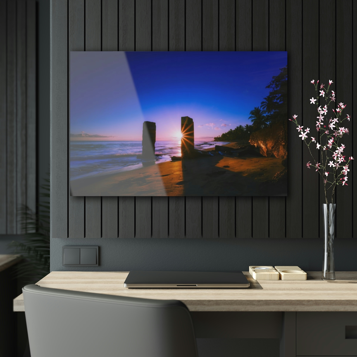 Rising into the Mystical: Tropical Beach Sunrise Illuminates the Ocean Surface and the Mysterious Pillars That Rise from Below, in this Acrylic Print