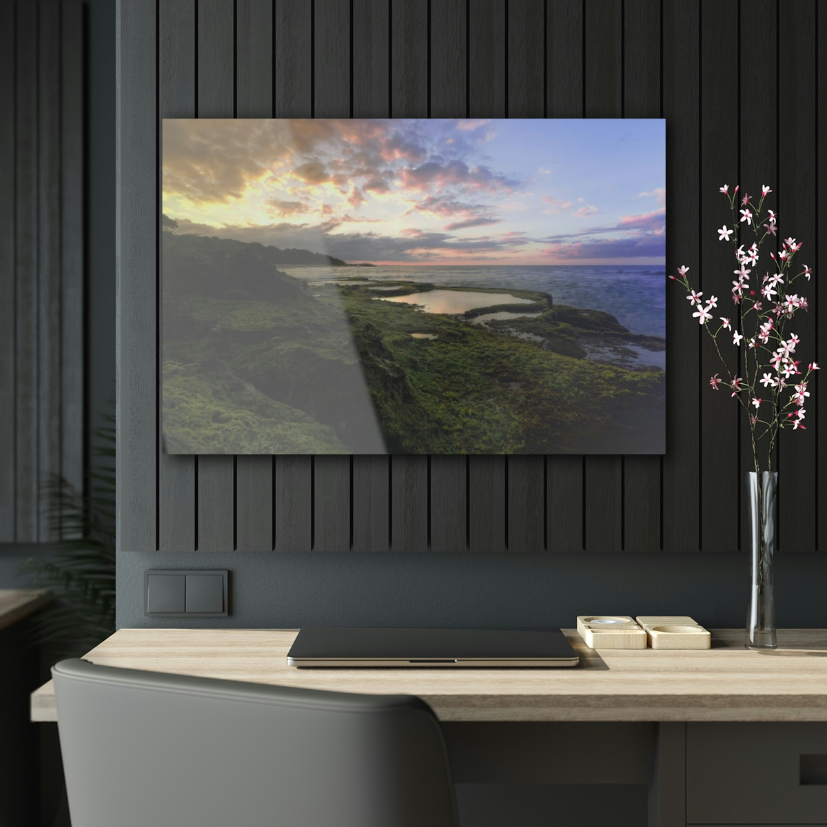 Mystical Ocean: A Captivating Acrylic Print of Moss on Rocks and a Sunset Shrouded in Sea Fog