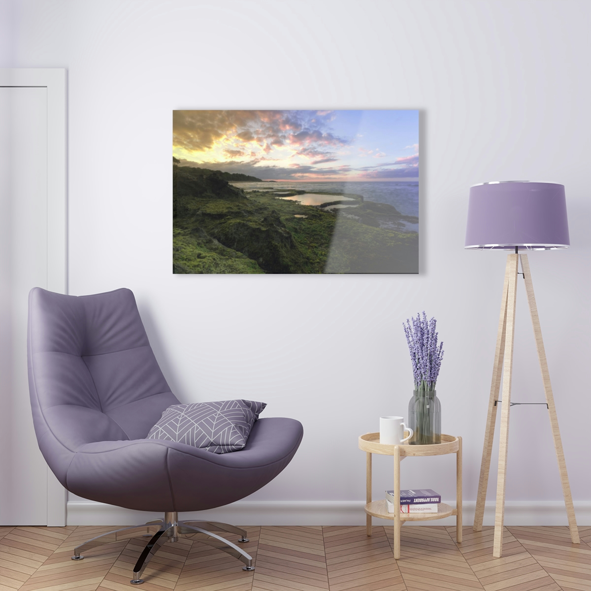 Mystical Ocean: A Captivating Acrylic Print of Moss on Rocks and a Sunset Shrouded in Sea Fog