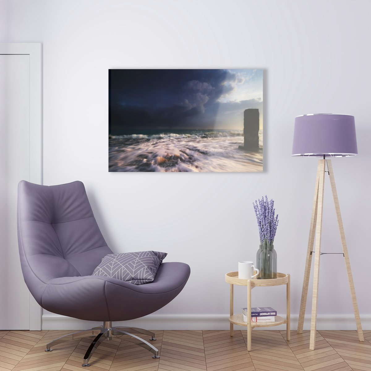 78315-64.jpg "Oceanic Dawn": Acrylic prints wall art for office or home, featuring sunrise, thunder clouds, and mysterious ocean pillar.