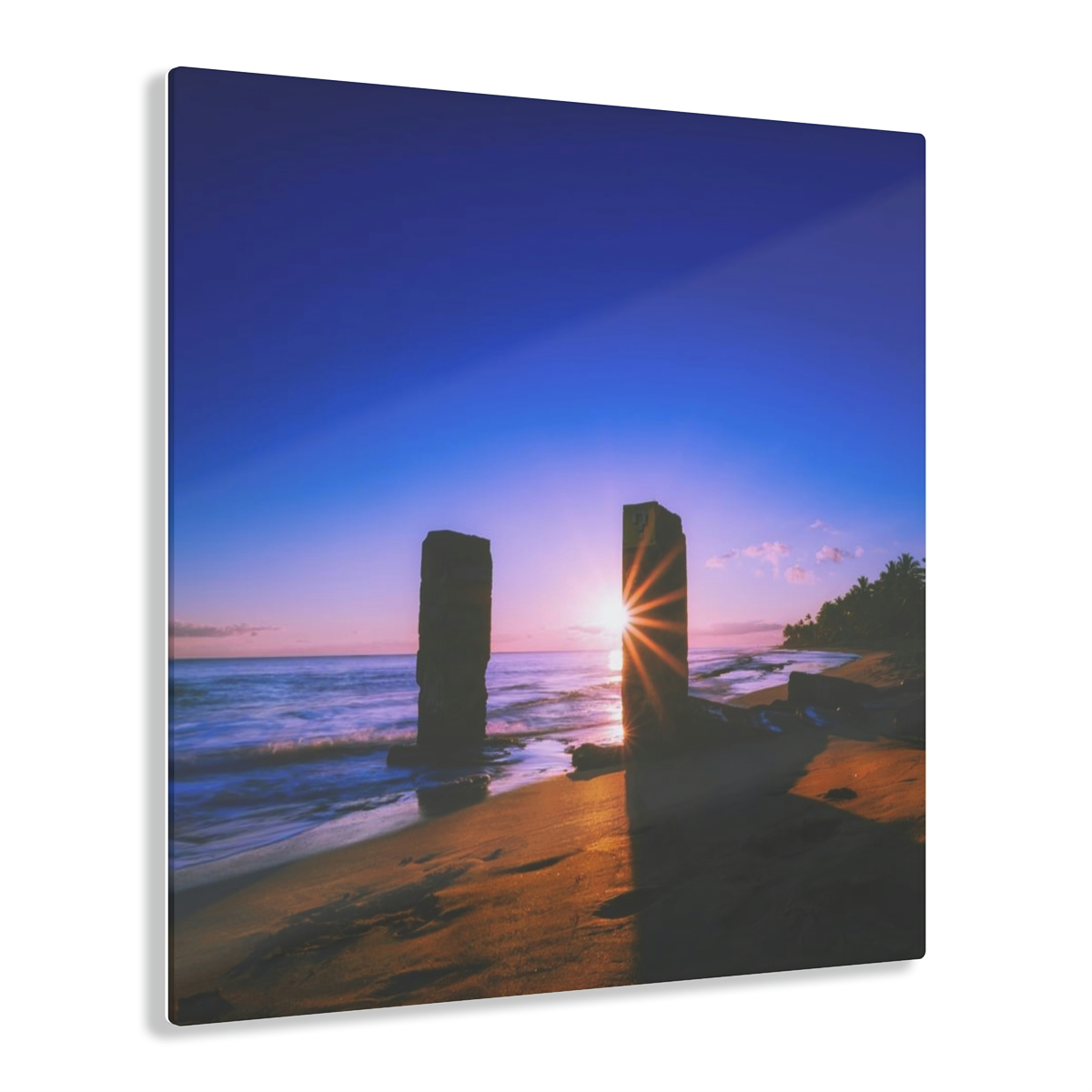 Rising into the Mystical: Tropical Beach Sunrise Illuminates the Ocean Surface and the Mysterious Pillars That Rise from Below, in this Acrylic Print