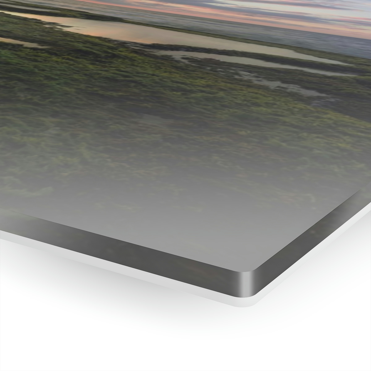 Mystical Ocean: A Captivating Acrylic Print of Moss on Rocks and a Sunset Shrouded in Sea Fog